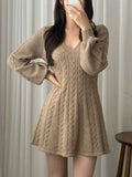 Color Cute V-Neck Cable Knit Long Sleeve Mini