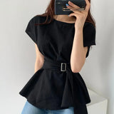 Pleated Sashes Design Women's Blouse Short Sleeve Solid Breathable Ruffles Female Blouses 2021 Summer Elegant Casual