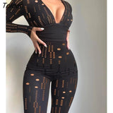 Women Tribal Pattern Flocked Mesh Patch Long Sleeve Jumpsuit 2023 Autumn Europe and America Fashion Women's