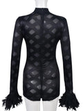 Fall Sexy Solid Mesh Sheer Feather Bodycon Romper Fall Outfit For Women 2023 Long Sleeve O Neck One Pieces Female