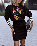 Independent Station Autumn New Fashion Printed Waist Round Collar Long-Sleeved Dress-Outfit