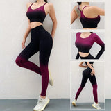 Seamless Sport Set 3PCS Fitness Sports Suits Gym Bra Long Sleeve Crop Top Shirts High Waist Running Leggings Workout
