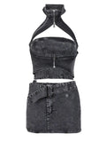 Women's Denim 2 Pcs Set Halter Hollow Out Camis High Waist Slim Black Belt Skirt Suits 2024 Summer New Fashion 11D10231-Outfit