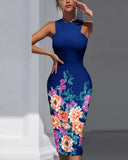 Women Floral Print Sleeveless Split Back Bocydon