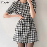 Houndstooth Mini Dress Women 2023 Spring Summer High Waist Dress Women Clothing Korean Fashion Plaid Clothing