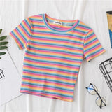 T Shirt Women Rainbow Striped Tops Slim Fit t shirt Harajuku Tshirt Summer Short Sleeve Korean T-shirt feminina Clothes