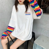 Sleeve Harajuku T-Shirt Women'S Stitching Long Sleeve T-Shirt Stripe Printing O-Neck Chic Tops 2022 Summer