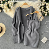 Casual Winter Knitted Two Pieces Suits Loose Midi Long Shawl Warm Coat+Bodycon Camisole Dress 2022 Women Sweater
