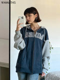 Letter Print Patchwork Oversize Sweatshirt Cotton Fitness Hooded Zipper Long Sleeve Lace Up Autumn Winter Harajuku