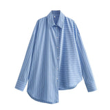 Autumn Style Stitched Striped Asymmetrical Loose Shirt 8532114-Outfit