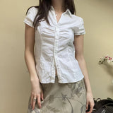 New Summer Women's Wear Small Pleated Leisure Buckle Solid Color Simple Back Strapped Short-Sleeved Shirt-Outfit