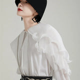 Women Green Pleated Belted Big Size Blouse New Lapel Long Sleeve Loose Fit Shirt Fashion Tide Spring Autumn 2023