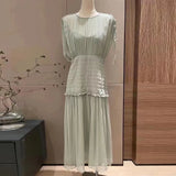 TWOTWINSTYLE Ruched Tank Dress For Women Round Neck Sleeveless High Waist Solid Minimalist Midi Dresses Female Summer