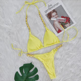 Toloer New Sexy Thong Bikini Metal Chain Rope Swimsuit Split Band Solid Color Women's