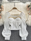 Autumn Women Black/White Blouse Sexy Square Collar Lantern Long Sleeve Short Tops Female Elegant Party Shirt Blusas 2022