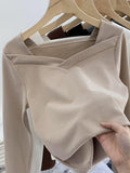 Velvet Bottomed Blouse Women's Autumn And Winter New Design Sense Minority Square Collar Irregular Sanding Western Style Slimming Blouse-Outfit