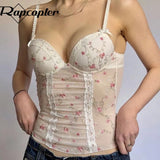 Y2K Lace Corset Top White Small Floral Retro Crop Top Mesh See Through Sexy Mini Vest Women Party Boho Beach Tee