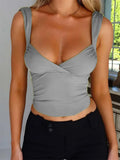 Women Solid Ruched Camisoles Deep V-neck Sleeveless Tie-Up Backless Tank Tops Summer Party Mini Vest Streetwear 2024-Outfit