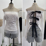 Tie-Dye-Print Oblique Shoulder Dress Repair Irregular Lotus Horn Long-Sleeved Mesh T-Shirt