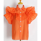 Casual Patchwork Ruffles Fashion Woman Blouses 2022 Lapel Short Sleeve Diamonds Button Through Shirts Female