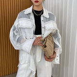 Sheer Black Shirt For Women Lapel Long Sleeve Patchwork Pockets Loose Solid Blouses Female Spring Clothes Style