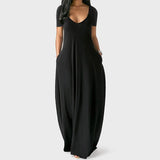 Casual Long Dress Summer 11 Colors Solid Short Sleeve Maxi Dresses Fashion Pocket V-neck Female Loose Dress Robe
