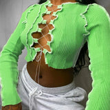 8 Colors Sexy Hollow Out Women Long Sleeve Crop Tops Striped Patchwork Drawstring Ribbed Bandage Fitness