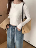Three-Dimensional Fishbone Round-Necked Blouse Women's Long-Sleeved Autumn And Winter New Minority Short Spicy Girls T-Shirt Ins-Outfit
