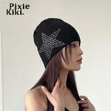 Star Rhinestone Black Knitted Beanies for Women Trashy Y2k Accessories Winter Hat Streetwear
