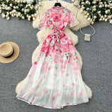 New Holiday Style Dress Women's French Pearl Buckle Waist Thin Temperament Print Chiffon Long