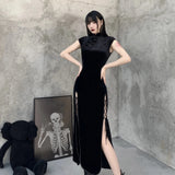 Women Retro Vintage Cheongsam Dresses Party Long Split Slim Bodycon Dress Black 2023 New Female Casual Fashion Velvet Vestidos-Outfit