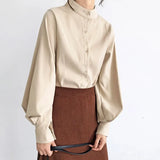 Lantern Sleeve ladies shirts Women's Blouse Spring Autumn Single Breasted Shirts Blouse Solid Blusas