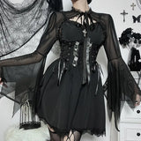 Dark Style Short-Style Perspective Blouse Women's Lace Spliced Tie-Up Burnt Cuff Blouse From Stock-Outfit