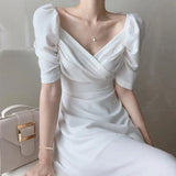 V-neck Slim Waist Women Dress Elegant Puff- Sleeve White Female A-line Dress 2023 Summer Party Vestidos Femme Maxi