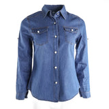 Women Retro Denim Shirts Autumn Clothes 2023 Adjustable Long Sleeve Stand-up Collar Single-breasted Slim Tops Streetwear-Outfit