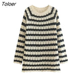 Women Vintage O Neck Striped Jacquard Mesh Net Knitted Sweater Female Long Sleeve Chic Pullover Casual Loose Tops