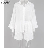 White Elegant Jacquard Fabric Soft Vacation Suits Women Long Sleeves Shirts And Hot Pants Two Pieces Outfits