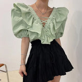 Casual Loose V Neck Sexy Blouses Women French Ruffles Women Tops Solid Lace Up Clothing Lantern Sleeve Female Shirts
