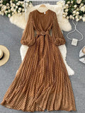 Autumn Women White/Black/Brown Polka Dot Long Dress Vintage Round Neck Puff Sleeve Elegant A-Line Maxi Vestidos Female 2021