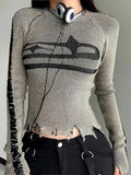 Patchwork Print Long Sleeve Jumpers Ripped Vintage Sweater for Women Autumn Winter Basic Pullovers Street Style-Outfit