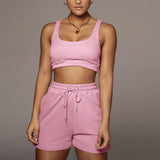 Solid Sportswear Two Piece Sets Women 2021 Crop Top And Drawstring Shorts Matching Set Summer Athleisure