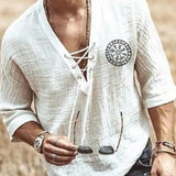 Halloween Costume Hippie Linen Shirt Casual Middle Sleeve V Neck Summer Loose Tee Tops Solid Color T Shirts 2021