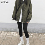 Oversized Army Green Bomber Jacket Women Harajuku Long Sleevd Zipper Up Coats Woman Round Neck Loose Autumn Coats