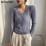 Autumn Deep O-neck Women Basic Slim Warm Knitted Tops Casual Skinny Stretch Long Sleeve Female Pullover Sweaters