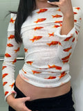 Tops Summer Woman Tshirts Slash Neck Long Sleeve Print Tees Streetwear Sexy Tunic T Shirt Korean Casual Fashion Y2k T-shirt-Outfit