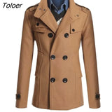 Men Long Sleeve Lapel Collar Double-breasted Pockets Woolen Slim Trench Coat collar coats Long cotton trench coat