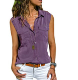 Cotton Tops Blouses 2021 Autumn Sleeveless Solid V-Neck Office Blouse Female Work Women Button Up Shirt Plus Size