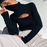 Turtleneck Hollow Out Sexy Women Yellow Skinny Mini Long Sleeve T Shirt 2020 Autumn Winter Basic Cropped Tees