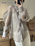 TWOTWINSTYLE Loose Two Piece Set Womens Square Collar Sleeveless Tank Tops Lapel Long Sleeve Blouses Solid Sets Females