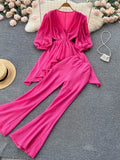 Summer Women 2 Pieces Set Purple/Green/White Elegant V-Neck Puff Short Sleeve Irregular Tops + High Waist Pants Vintage Suit